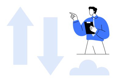 Profesyonel bir pano ve yukarı ve aşağı doğru bulutlu oklar. Veri analizi, eğilimler, değerlendirme, strateji, iş büyümesi, karar verme süreci için ideal