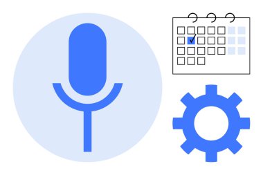 İşlevselliği temsil eden bir dişli ve tarihi işaretlenmiş bir takvimin yanındaki ses girdisi için mavi mikrofon. Üretkenlik, otomasyon, planlama, teknoloji, zamanlama, iletişim, düz