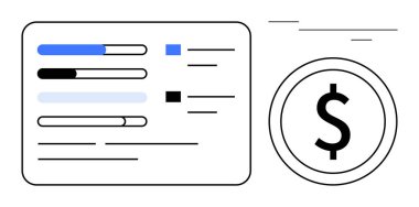 İlerleme çubukları ve dolar işareti olan bir panel, finansal performansı, bütçeyi ve analizi temsil ediyor. Finans, yatırım, üretkenlik, iş dünyası için ideal, tasarrufların sade olduğunu bildiriyor