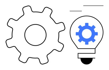 İçinde küçük bir teçhizat olan bir ampulün yanında vites, yeniliği ve mekanik beyin fırtınasını sembolize ediyor. Yaratıcılık, teknoloji, mühendislik, problem çözme, tasarım düşünme ve işbirliği için ideal