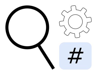 Büyüteç, dişli ve meta veri etiketi keşif, ayar ve eğilimleri temsil eder. Arama, optimizasyon, veri analizi, hashtag sosyal medya süreci iş akışı basit iniş sayfası için ideal