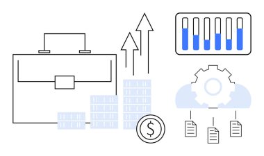 Evrak çantası, bozuk para, büyüme okları, bar grafiği, bulut içindeki dişli ve veri dosyaları büyüme, analitik, bulut depolama otomasyonu finans yeniliklerini temsil ediyor. Ticari büyüme stratejisi için ideal