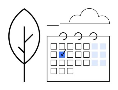 İşaretli tarihli takvim, asgari ağaç silueti ve bulut çizgisi. Zamanlama için ideal, sürdürülebilirlik, çevre, doğa, ekolojik bilinç alışkanlıkları yenilenebilir enerji planlamak için. Düz basit