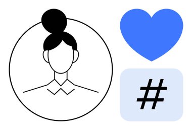 Çizgi sanatı tarzında kadın profili, mavi kalp ve meta veri etiketi sembolü. Kimlik, sosyal ağ, markalaşma, iletişim, pazarlama, topluluk sade iniş sayfası için ideal