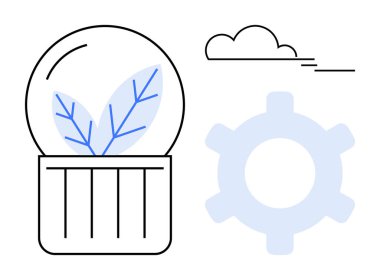Yapraklı, teçhizatlı ve bulutlu cam kubbe doğa, teknoloji ve çevresel çözümleri akla getiriyor. Yeşil enerji, yenilik, çevre dostu kavramlar, sürdürülebilirlik dengesi büyümesi için ideal