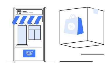 Alışveriş arabasının düğmesi ve çizgili tenteleriyle seyyar mağaza vitrininde bir teslimat paketi var. E-ticaret, dağıtım, mobil uygulamalar, perakende, çevrimiçi mağazalar, indirimler, satışlar için ideal