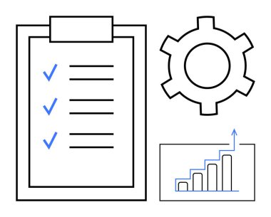Mavi işaretli kontrol listesi, ayarları sembolize eden vites ve büyüme oklu bar tablosu. İş için ideal, üretkenlik, süreç, planlama, organizasyon, iş akışı basit iniş sayfası