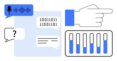 Dalga biçimli konuşma simgesi, ikili kod, sohbet baloncukları, el hareketi göstergesi, bar çizelgesi. Yapay zeka, teknoloji, iletişim, veri görselleştirme araştırma otomasyonu için ideal basit iniş sayfası