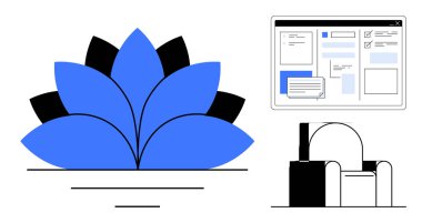 Soyut mavi nilüfer, açık tarayıcı pencereli dijital arayüz ve minimalist mobilyalar. Farkındalık, verimlilik, refah, tasarım ilhamı, yaratıcılık, uzaktan çalışma, basit düz çalışma için ideal