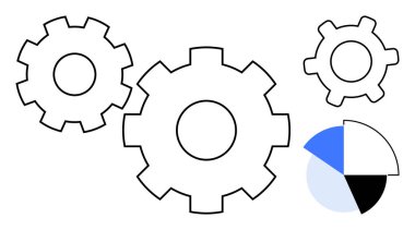 Mavi, siyah ve beyaz segmentli turta grafiğinin yanında üç vites birbirine bağlı. Takım çalışması, otomasyon, verimlilik, iş akışı, verimlilik planlama sistemleri için ideal. Düz basit metafor