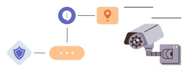 Güvenlik kamerası gözetlemeyi vurguluyor. Birbirine bağlı simgeler veri akışı, konum izleme ve gerçek zamanlı izleme öneriyor. Güvenlik, siber güvenlik, teknoloji, analitik, gizlilik için idealdir.