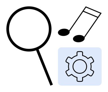 Büyüteç, müzik notaları ve ekipman araştırma, müzik ve teknolojiyi simgeliyor. Arama, yaratıcılık, keşif, yenilik işlevselliği için ideal. Basit bir iniş sayfası.