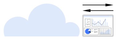 Bulut deposu, veri transferini temsil eden oklar ve grafik ve grafiklerle birlikte analitik gösterge paneli. Bulut hesaplama, veri analizi, ağ, teknoloji, iş stratejisi ve yazılım için ideal