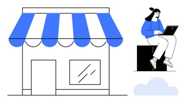 Mavi ve beyaz dükkanlar dizüstü bilgisayar kullanan bir kadınla eşleşti, iş büyümesini, uzaktan çalışmayı ve e-ticareti vurguladı. Girişimcilik, perakende, pazarlama, girişim, teknoloji uzak işleri için ideal