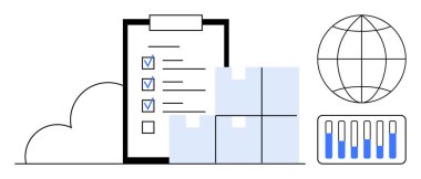 Kontrol listesi panosu, paket yığını, dünya ve çizelge destek zinciri ve analiz. Lojistik, küresel ticaret, envanter, veri takibi, planlama yönetimi için ideal basit iniş sayfası
