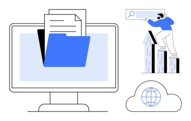 Dosyası ve belgeleri olan bir masaüstü, küresel bulut simgesi, büyüme çubuğu tablolarında arama yapan kişi. Takım çalışması, üretkenlik, teknoloji, bulut depolama, arama motoru, veri büyümesi için ideal düz