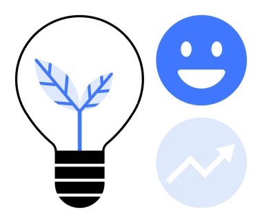 Sürdürülebilirliği sembolize eden yapraklı ampul, mavi mutlu yüz ve dairenin içindeki yukarı doğru ok. Yenilenebilir enerji, yeşil işletme, yenilik, başarı, eko-düşünce, olumlu ilerleme için ideal