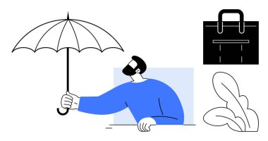 Sağlam şemsiye tutan adam, iş hayatını gösteren evrak çantası, minimalist bitkiler. Güvenlik, koruma, sigorta, kariyer, büyüme stratejisi fikirleri için idealdir. Basit düz metafor