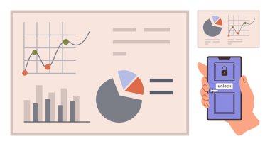 El ele tutuşup arkaplanda grafikler, raporlar olan verileri açıyoruz. Veri güvenliği, mobil teknoloji, analitik, finans, dijital erişim için ideal, siber güvenlik basit düz metafor