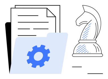 Satranç şövalyesi, donanımlı klasör ve planlama, strateji, veri yönetimi ve organizasyonu temsil eden katmanlı belgeler. İş, strateji, iş akışı yönetim verimliliği için ideal