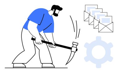 Görevlere girmek için kazma kullanan bir adam, e-postaları gösteren zarflar, sistem çalışmasını sembolize eden ekipmanlar. Üretkenlik, takım çalışması, otomasyon, problem çözme, teknoloji, e-posta için ideal