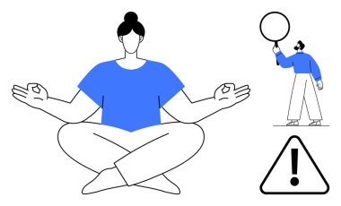 Meditasyon yapan biri, çapraz bacaklı, büyük bir çember tutan biri, ünlem üçgeni. Farkındalık, sakinlik, odaklanma, üretkenlik, öz farkındalık, iş hayatı uyum için basit iniş sayfası