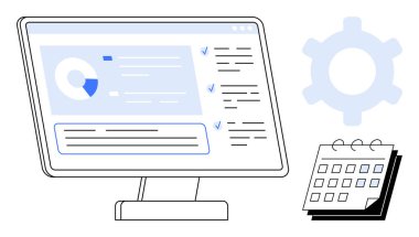 Bilgisayar ekranı analitik gösterge paneli çizelgeler, görevler ve takvimle birlikte. Vites ayarları ya da araçları temsil eder. Üretkenlik, planlama, organizasyon, takım çalışması, çalışma süreci stratejileri için ideal