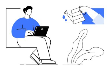 Elinde dizüstü bilgisayarla oturan bir adam, bir bitkinin üzerine su döküyor. Uzaktan çalışma, büyüme, beslenme, sürdürülebilirlik, verimlilik, kendi kendine bakım modern yaşam tarzı için idealdir. Basit düz metafor