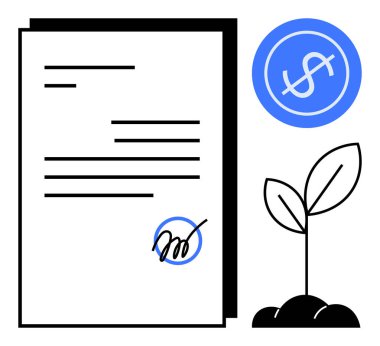 İmzalanmış belge, dolarla ilgili sembol ve büyüyen bitki finansmanı, yatırımı, sözleşmeleri, sürdürülebilirliği, finansal anlaşmayı, çevre bilincini ve iş ilerlemesini vurguluyor. Finans için ideal