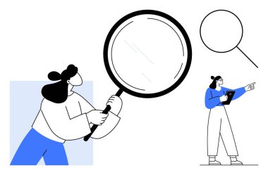 Kadın karakter büyüteç tutuyor, diğeri tablet tutarken işaret ediyor. Araştırma, keşif, analitik, teftiş, soruşturma, rehberlik, basit iniş sayfası için ideal