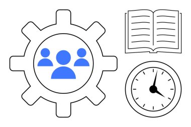 Takım simgelerine, açık kitaba ve saate sahip teçhizat işbirliği, öğrenme ve verimliliği vurguluyor. Üretkenlik, eğitim, iş akışı planlama, takım çalışması stratejisi için ideal. Basit düz metafor
