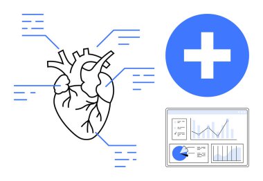 Veri etiketli anatomik kalp diyagramı, sağlık sistemi haç sembolü ve analitiği gösteren ekran. Sağlık, tıp, kardiyoloji, araştırma, teknoloji ve eğitim için ideal bir iniş sayfası