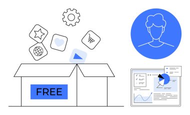 Açık kutu etiketli dijital araçlar, simgeler kalbi ve arabayı, vitesi, kullanıcı profili ikonunu, analitik gösterge panelini parmakla. Pazarlama, yazılım, ecommerce, kullanıcı bindirme verileri için ideal