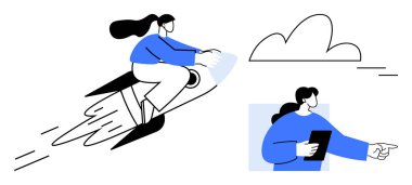 Roketin üzerindeki kadın ilerlemeyi simgeliyor ve elinde tablet olan başka bir noktayı daha hızlandırıyor. Liderlik, yenilik, teknoloji, motivasyon, büyüme, hedef başarı takım çalışması için idealdir. Basit düz metafor