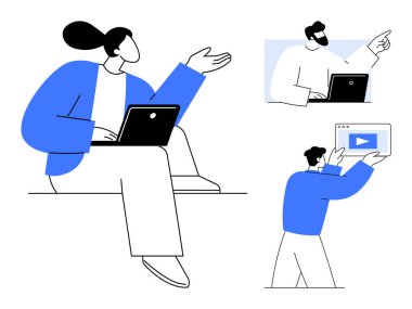 Dizüstü bilgisayarlarla uğraşan, fikirleri işaret eden, medya ekranı tutan profesyoneller. Takım çalışması için ideal, teknoloji, dijital öğrenme, çevrimiçi toplantılar, uzaktan çalışma, iş iletişimi basit iniş sayfası