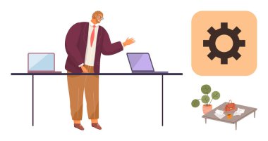 Masada dizüstü bilgisayarların yanında el kol hareketi yapan resmi giyinmiş bir adam çay sehpası olan kahve masası, vites ikonu yönetimi öneren bir adam. Takım çalışması, liderlik, planlama, üretkenlik, işbirliği, yenilik için ideal