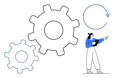 Dişliler ve dönüş oku verimli süreçleri sembolize eder. Tabletli kadın analiz ve kontrolün altını çiziyor. Çalışma akışı, üretkenlik, yenilik, teknoloji, takım çalışması, yönetim, basit