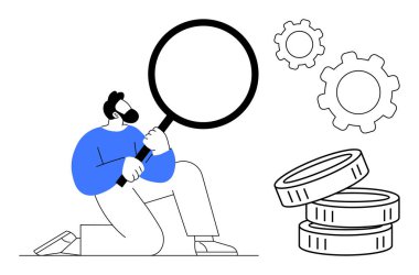 Büyüteçle diz çöküp bozuk paralar ve vitesleri inceleyen, analizi, finans ve iş stratejisini temsil eden bir adam. Araştırma, yatırım, yönetim, veri, büyüme planlama eğitimi için ideal