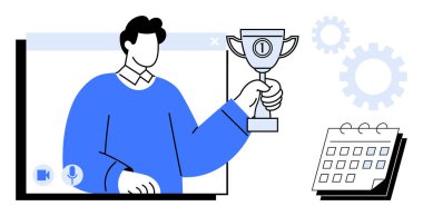 Elinde video konferans ekranından, takvimden ve arka planda viteslerden çıkan bir kupa tutan kişi. Uzaktan başarı, çevrimiçi tanıma, sanal takım çalışması, üretkenlik ve başarı için ideal