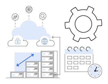 Güvenli uygulamaları bağlayan bulut ağı, ölçeklenebilir veri sunucuları, sistem ayarları, takvim ve saat için teçhizat. Teknoloji, iş stratejisi, veri depolama, verimlilik için ideal