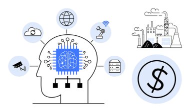 Devre beyinli insan kafası, bulut simgeleri, robot kolu, sunucu, fabrika, kamera, dolar işareti. Yapay Zeka Otomasyon Bağlantı Endüstrisi için ideal teknoloji ekonomisi veriye dayalı yenilik. Temiz