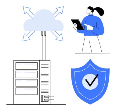 Veri sunucusuna bağlı bulut ağı, işaretli kalkan, tabletli bilişim uzmanı. Bulut teknolojisi, veri güvenliği, bilişim yönetimi, ağ çözümleri, dijital dönüşüm, bulut