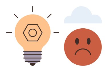 Solgun bulutların altında üzgün kırmızı yüzün yanında kıvılcım çizgileri olan bir ampul. Yenilik için ideal, problem çözme, yaratıcılık, ruh hali, zorluklar, beyin fırtınası, pozitiflik temaları. Minimalist düz metafor