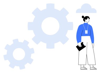 Pano tutan iş kadını, işbirliğini, yeniliği ve iş akışını simgeleyen büyük boy viteslerin yanında duruyor. Takım çalışması, liderlik, strateji, planlama, sistem profesyonel büyümesi için ideal