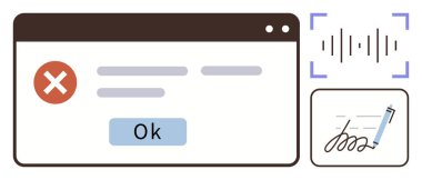 Kırmızı haç sembollü hata iletisi, Tamam düğmesi, ses dalgası analizi ve dijital imza kutusu. Teknoloji, hata uyarıları, siber güvenlik, ses tanıma, dijital anlaşmalar için ideal
