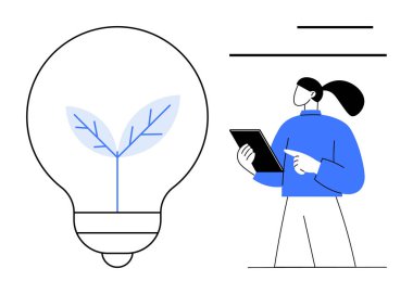 Bir bitkinin bulunduğu ampulün yanında elinde tablet tutan kadın sürdürülebilir fikirleri sembolize ediyor. Teknoloji, yenilik, yeşil enerji, eğitim, yaratıcılık, eko-çözümler için ideal, basit iniş sayfası