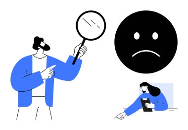 Kadın not defterini tutarken ve detaylara dikkat çekerken erkek hüzünlü duyguları incelemek için büyüteç kullanır. Analiz, geri bildirim, duygu, değerlendirme, inceleme, araştırma, müşteri deneyimi için ideal, basit