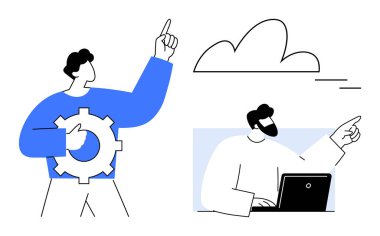 Ekip üyesi vites yükselterek işaret veriyor. Dizüstü bilgisayardaki meslektaşı buluta doğru işaret ediyor. Takım çalışması, bulut hesaplama, yenilik, beyin fırtınası, strateji, işbirliği problem çözme için ideal. Basit.