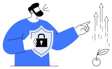 Kilit kalkanı tutan adam güvenliği simgeliyor, yükselen oklar ve büyüyen bitkilere işaret ediyor. Koruma, büyüme, başarı, iş, yatırım, ilerleme yeniliği için idealdir. Basit düz