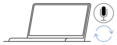 Minimalist tasarımı olan bir dizüstü bilgisayar, daire şeklinde bir mikrofon simgesi ve dairesel yenilenmiş oklar. Teknoloji, üretkenlik, ses kaydı, ses tanıma, bulut senkronizasyonu, dijital araçlar için ideal